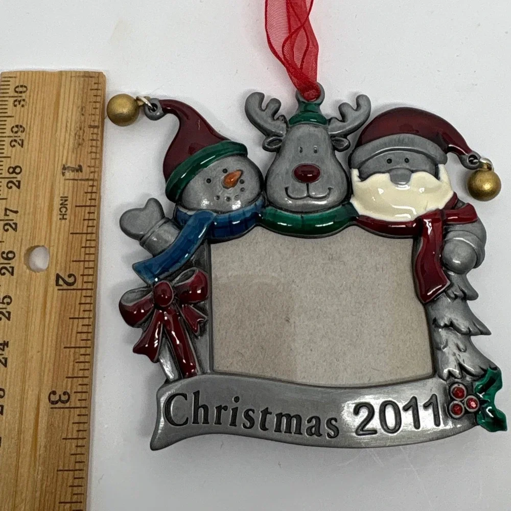 Christmas 2011 Photo Frame Ornament Snowman Reindeer Santa Bells Metal‎